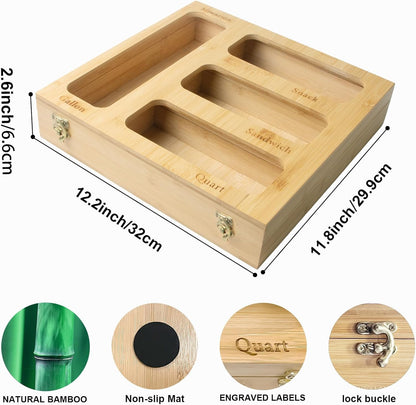 Bamboo Food Bag Organizer for Kitchen Drawer, a bamboo 4 slots - made dispenser container for plastic bags.Suitable for Gallon Quart Sandwich & Snack Variety Size Bag