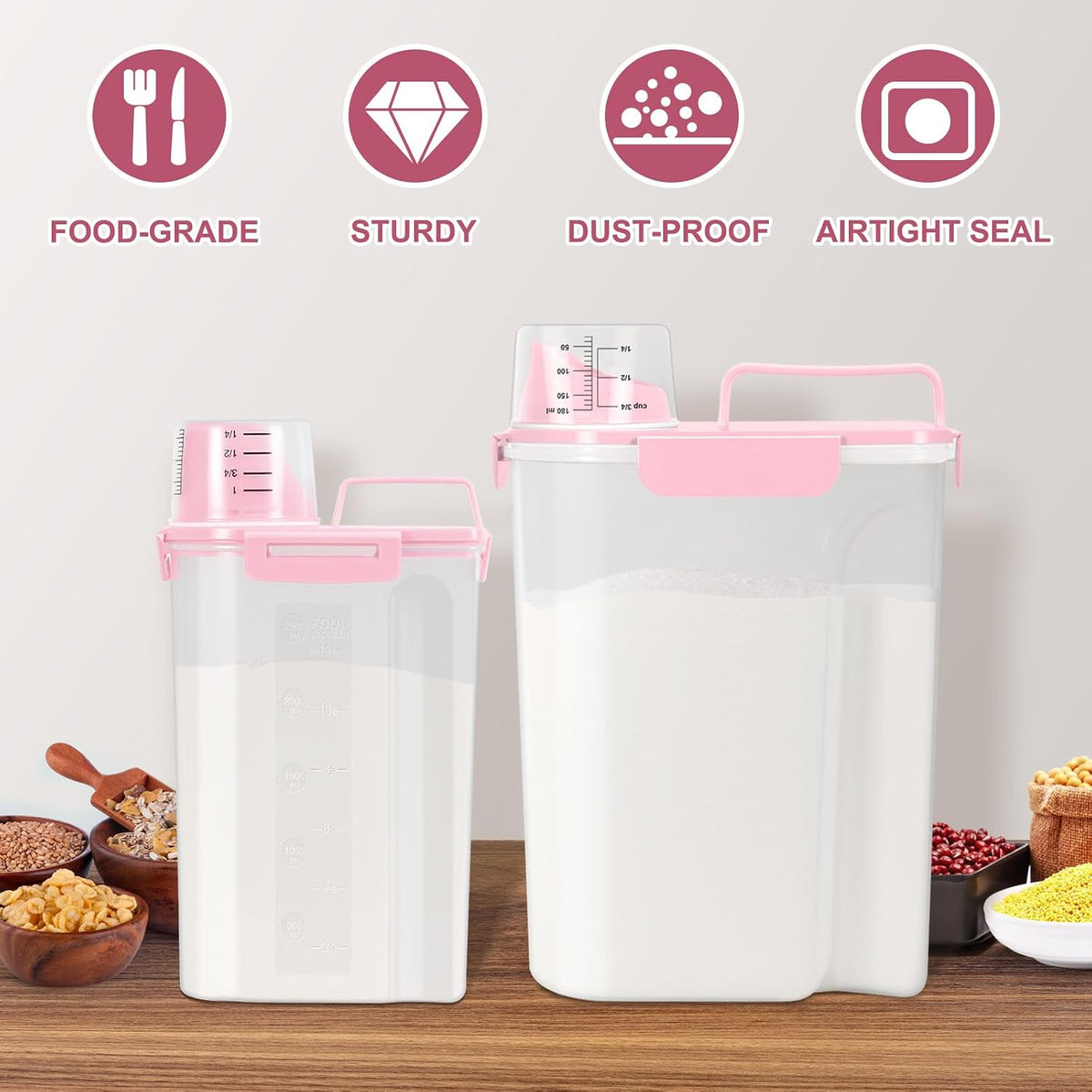 TBMax Rice Container Cereal Storage Container 2 Pack 5 Lbs, Kitchen Pantry Dry Food Storage Holder with Easy-Pouring Spout & Handy Cup, Small Pet Dog Cat Food Dispenser for Daily Feeding -Grey