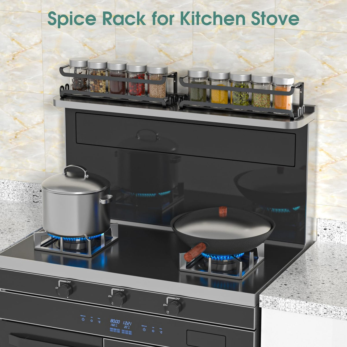 LUCYCAZ Wall Mounted Spice Rack with 8 Hooks, Spice Organizer Shelf for Stove Cabinet Pantry Door,Screw or Adhesive Spice Shelf Hanging Wall Spice Rack in Kitchen and RV (Black)