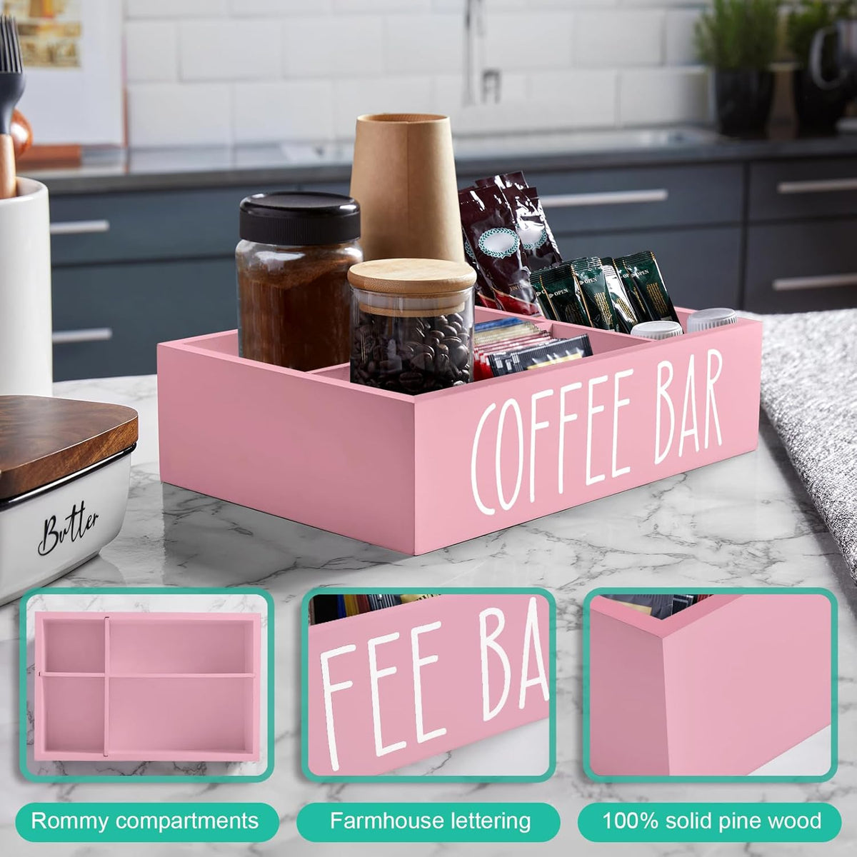 ALELION Coffee Station Organizer - Wood Countertop Accessories Organizer with Removable Dividers for Pods Condiment Syrup Tea Cups Stirrers - for Farmhouse Coffee Bar Decor
