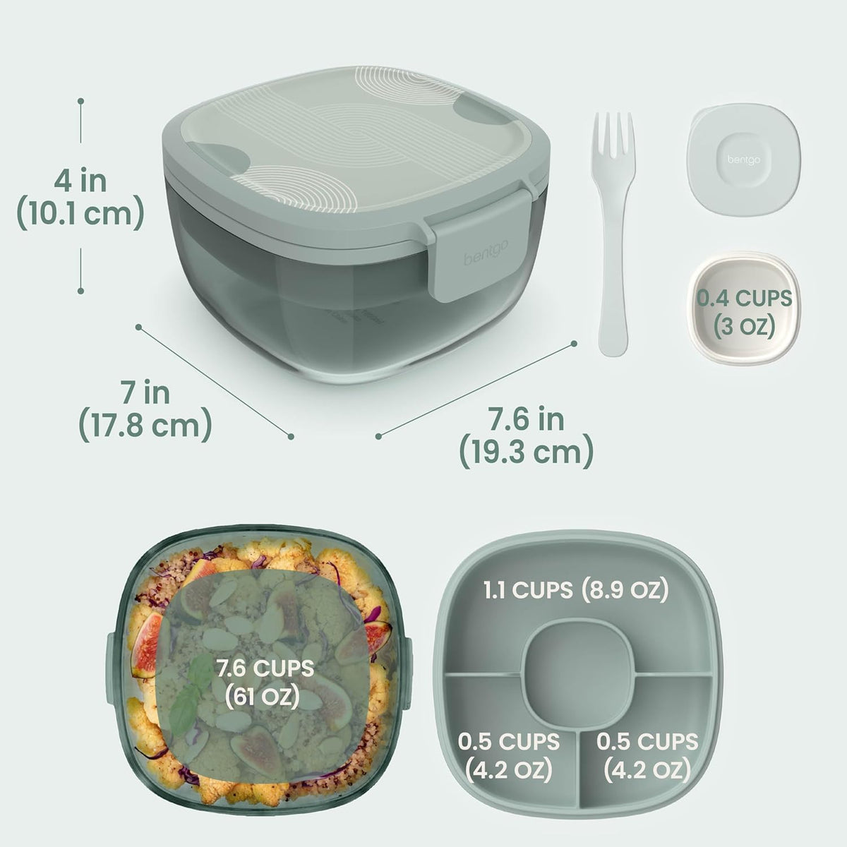 Bentgo Glass Prints Salad Container - 7.6-Cup Tinted Glass Salad Bowl with Airtight Lid, Leak-Proof Sauce Container, 4-Compartment Bento Meal Prep Tray & Reusable Fork (Floral Maximalist - Sea)