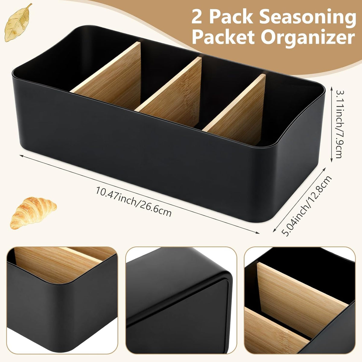2 Pack Seasoning Packet Organizer Food Storage Organizer & 3 Bamboo Wood Removable Dividers Plastic Bins Caddy for Spice Snacks Pouches Spice Organization for Cabinet Kitchen(White)