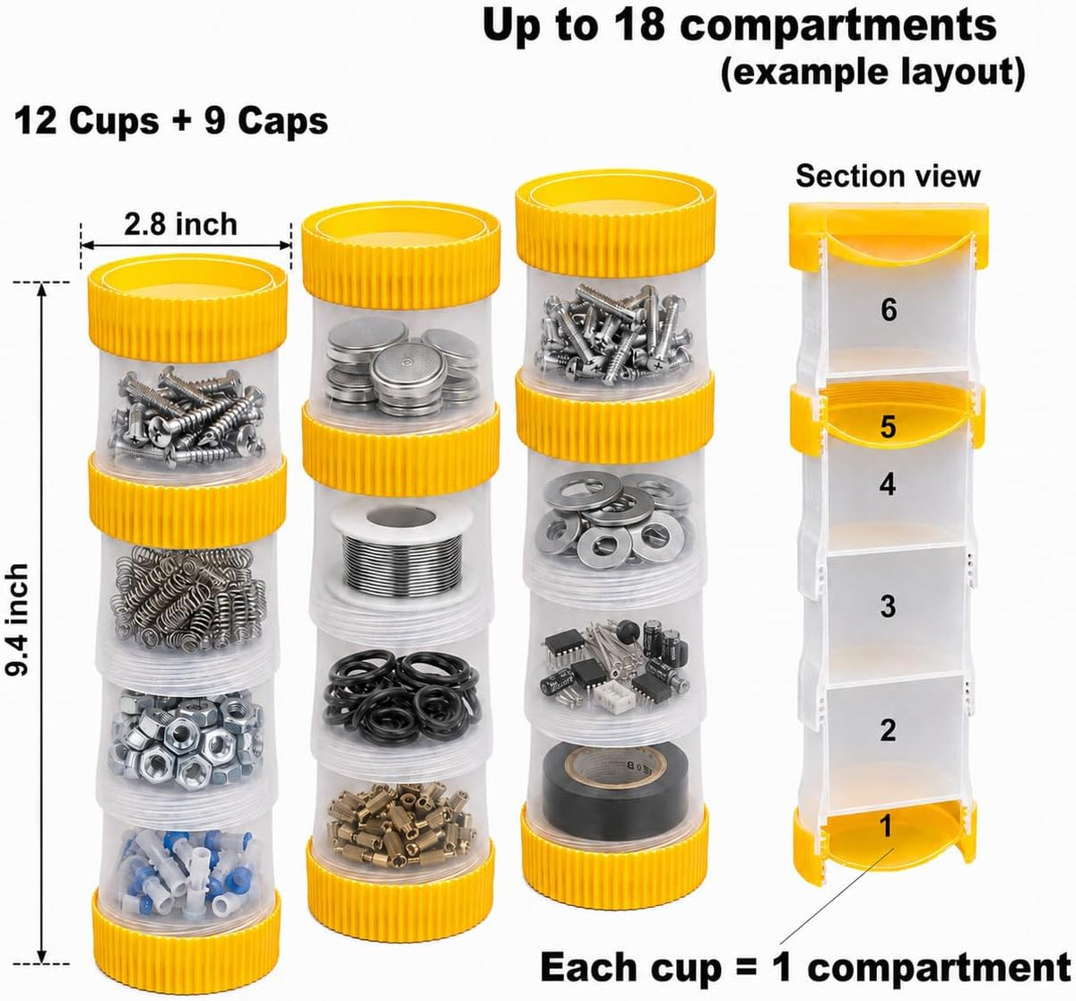 Small Footprint Stackable Screw Container, Stack Any Number & Grab Only the Cup You Need, 12 Cups & 9 Lids Modular Small Parts Storage Containers for Screws, Nuts, Bolts & Fasteners, Oroto Linka