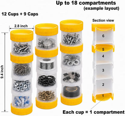Small Footprint Stackable Screw Container, Stack Any Number & Grab Only the Cup You Need, 12 Cups & 9 Lids Modular Small Parts Storage Containers for Screws, Nuts, Bolts & Fasteners, Oroto Linka