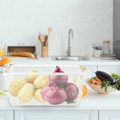 Potato and Onion Storage Bin, 2 Set Potato Bin Storage and Onion Container with Wooden Handle, Pantry Kitchen Organization and Storage, Metal Mesh Baskets for Fruit, Vegetable, Produce-Black