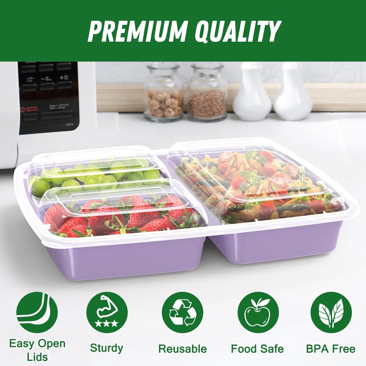50 Pack (100-Piece) 32 oz Meal Prep Containers Reusable with Lids 3-Compartment, To Go Take Out Plastic Food Storage Containers, Sturdy Leakproof Food Safe, Microwave Freezer Dishwasher Safe, Black