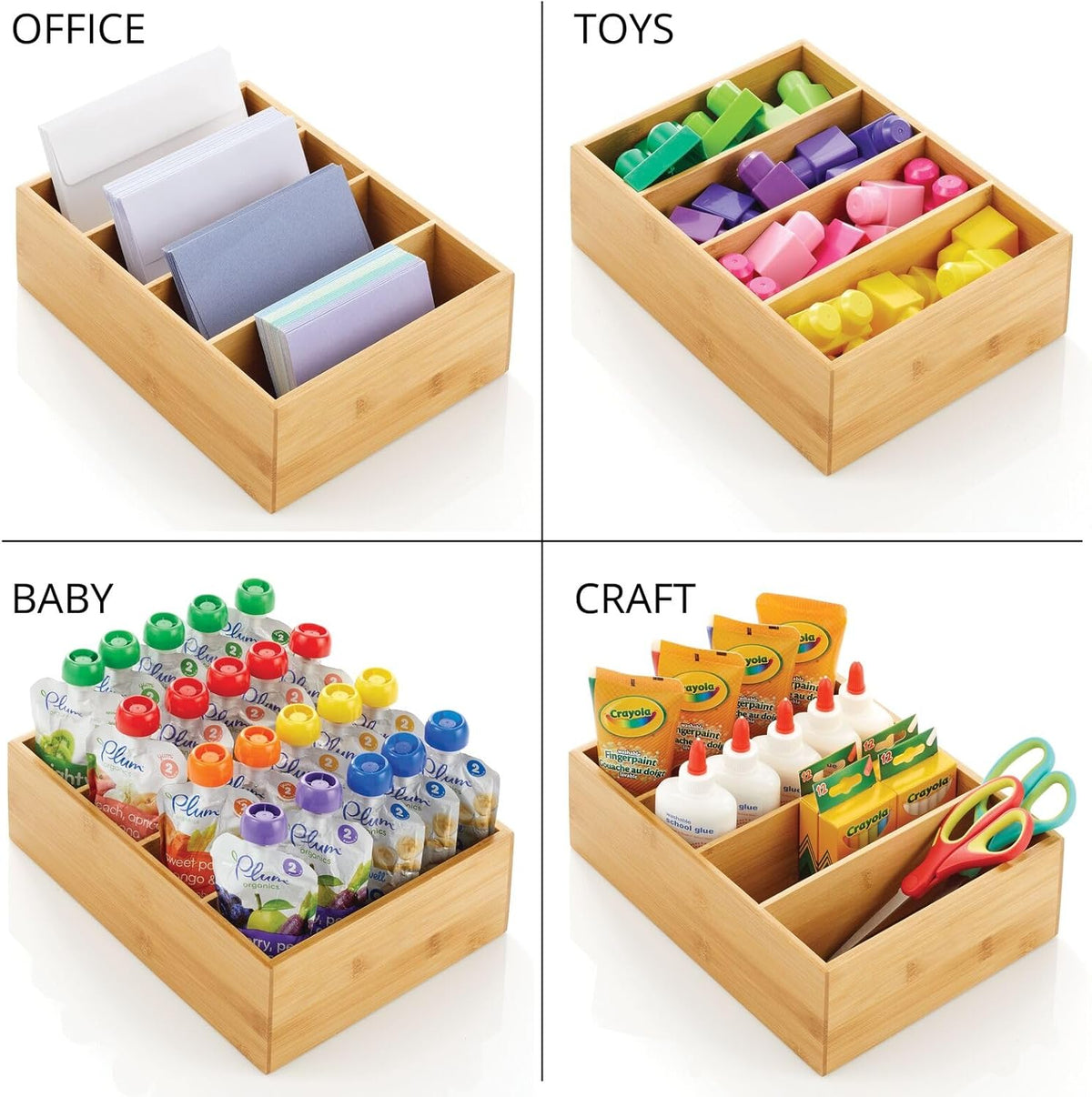 mDesign Bamboo Wood Compact Food Storage Organizer Bin Box - 4 Divided Sections - Holder for Seasoning Packets, Pouches, Soups, Spices, Snacks - Natural