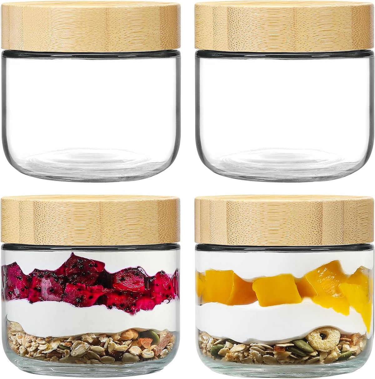 NETANY 4-pack 16oz Glass jars with Airtight Lids, Overnight Oats Containers with Bamboo Lids, Wide mouth Mason Salad jars, Glass Food Storage Containers for Snacks Yogurt Spice Sugar