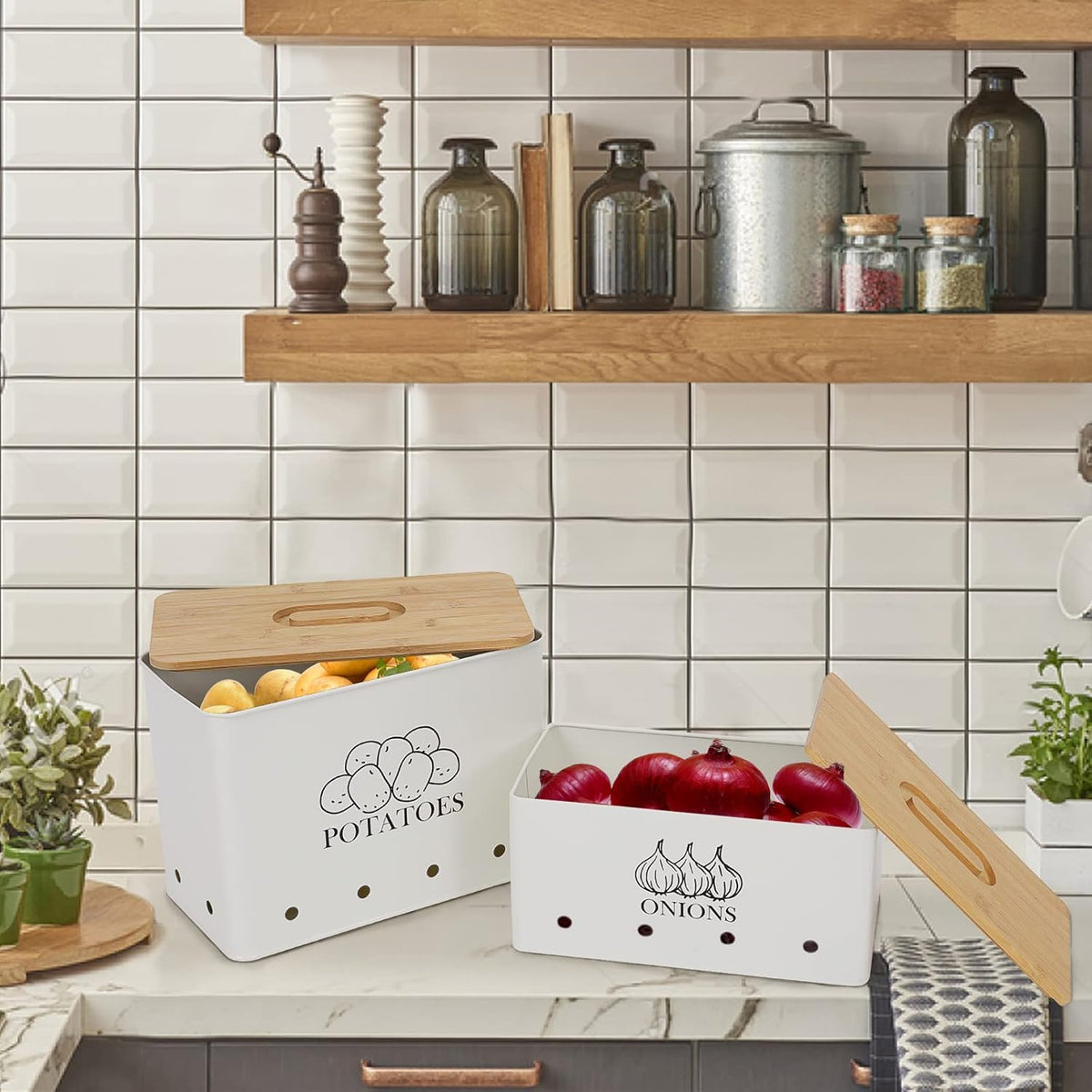 Potato and Onion Storage Bin Set of 2, Vented Metal Vegetable Storage with Wooden Lids, Farmhouse Kitchen Canisters for Countertop Pantry Organizer, Potato Bin Onion Holder for Produce Storage, Black