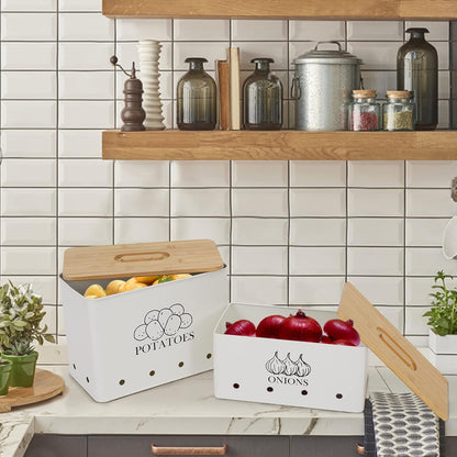 Potato and Onion Storage Bin Set of 2, Vented Metal Vegetable Storage with Wooden Lids, Farmhouse Kitchen Canisters for Countertop Pantry Organizer, Potato Bin Onion Holder for Produce Storage, Black