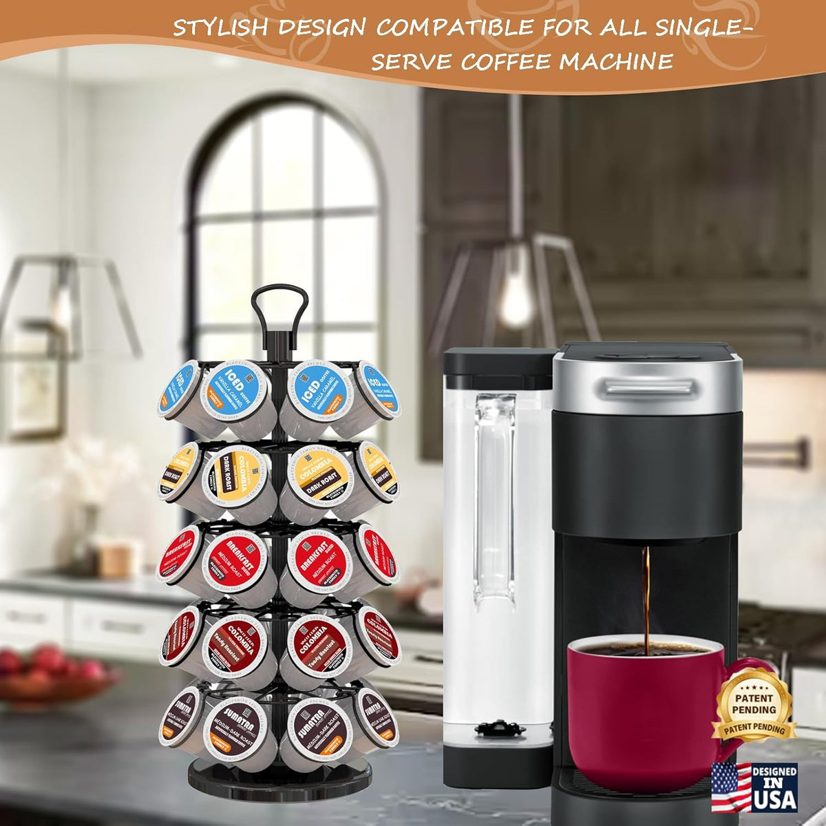 BLACKSMITH FAMILY 36 K Cup Pod Carousel Easy Assembly Design K Cup Holders,K Cup Holder, K Cups Holder,K Cup Carousel, 4-Tier Coffee Pods Holder Storage Organizer Stand,Glossy Black