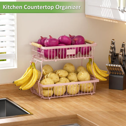 2 Tier Fruit Basket for Kitchen Counter with 2 Banana Hangers, Countertop Metal Bread Basket with Wooden Handle, Large Storage Stand for Vegetables, Snacks, Eggs, Produce Storage – Black