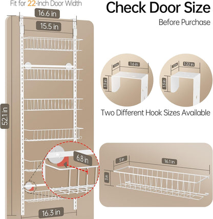 Delamu Adjustable Cabinet Door Organizer, 6-Tier Hanging Spice Rack Organizer, Metal Over the Door Pantry Organizer, Pantry Organizers and Storage Shelves for Kitchen Bathroom Laundry Room, White M