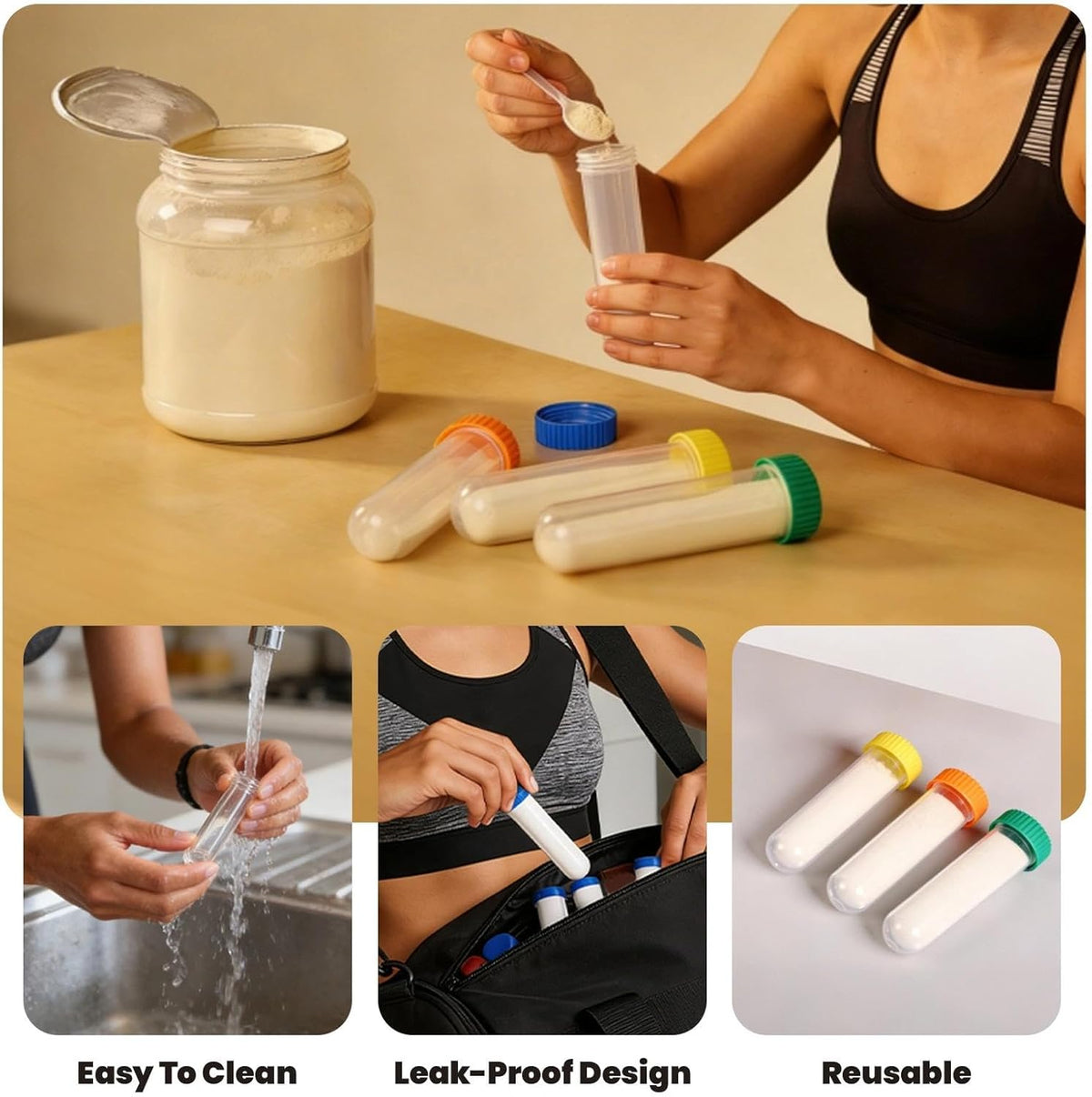 Protein Powder Travel Container Set 12 Pack – 8x50ml & 4x100ml Leak Proof Reusable Supplement Powder Container to Go with Funnel & Labels, Portable Gym Protein Storage for Fitness, Work, Travel