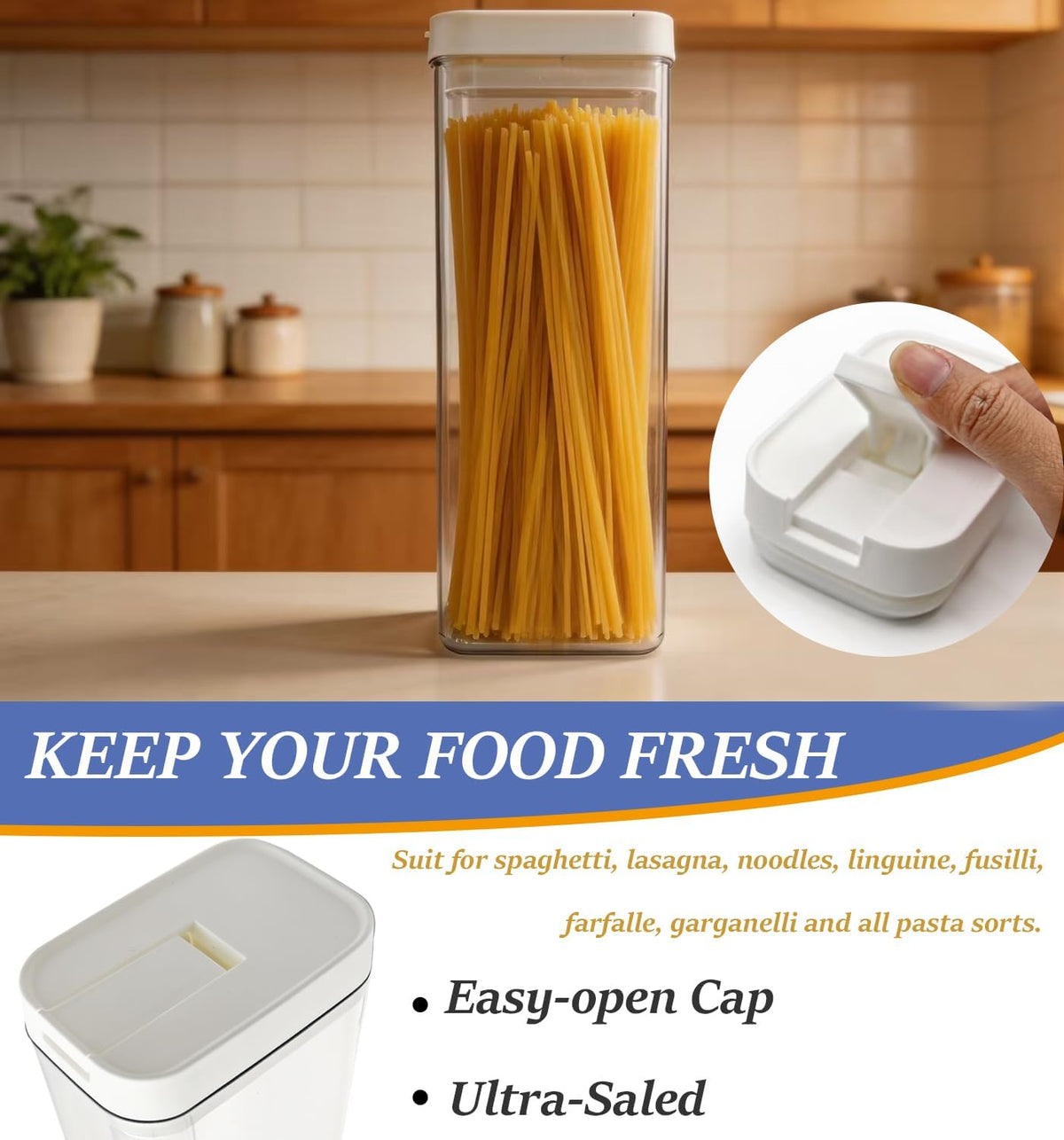 GIEHOUGRIO 2 Pack Clear Pasta Containers, 1.8L Airtight Food Storage Containers with Lids, Kitchen Storage Containers for Spaghetti, Flour, Sugar, Noodles (4.57" x 2.99" x 11.81")
