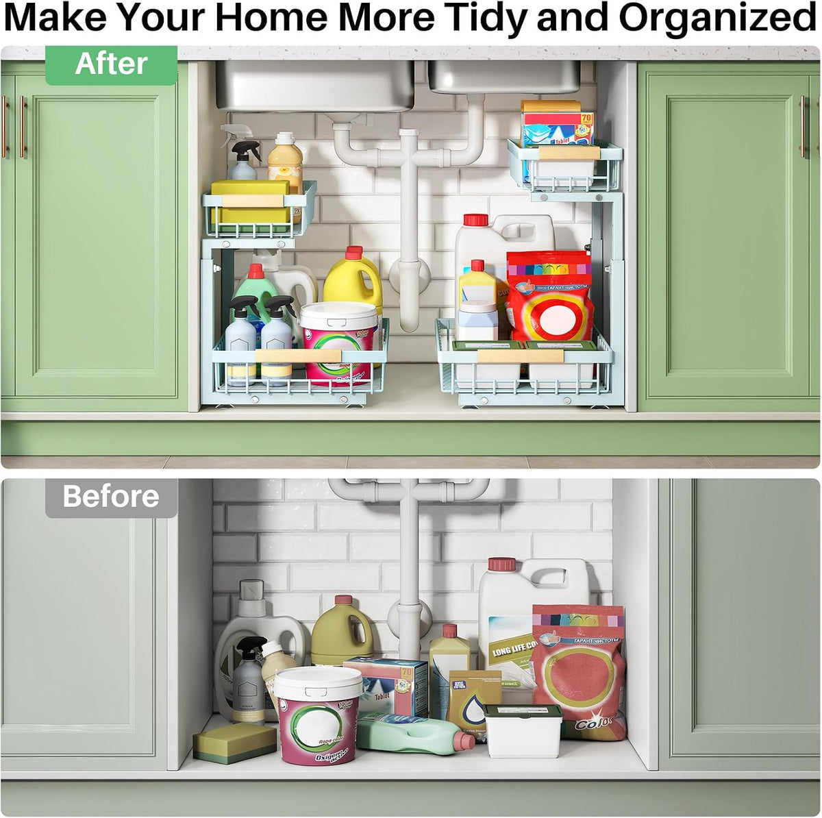 Kitstorack Under Sink Organizer, 2 Tier Under the Sink Storage, Slide out Pull out Cabinet Organizer Shelf, Metal Sliding Drawer for Kitchen Bathroom Pantry Closet Organization Rack, Black