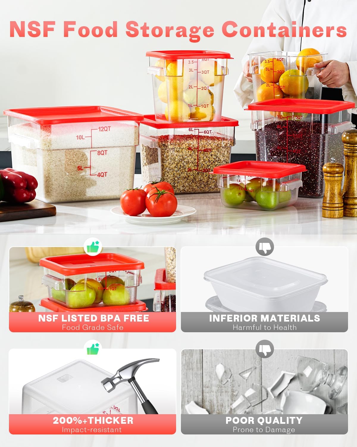 4QT NSF Food Storage Containers: 8 PCS [Food Grade][Hot&Cold Resistant] Commercial Clear Food Storage Containers with Lids for Restaurant Kitchen Proof Dough, Measuring Spoons Included(BPA FREE) - Colors A