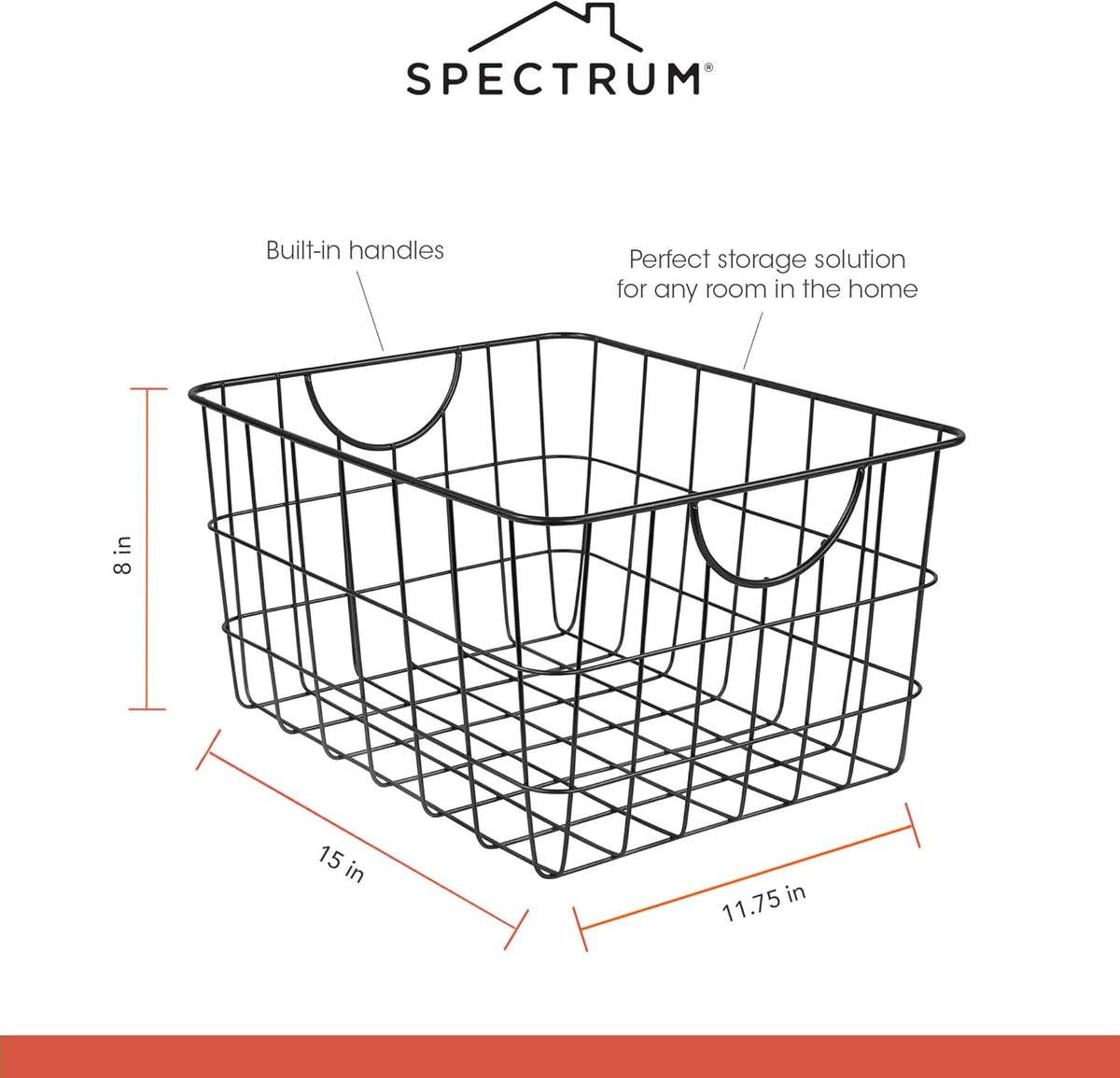 Spectrum Large Wire Basket with Handle Black Metal Utility Storage Bin for Organizing Kitchen Pantry Cabinets Closet and Garage Shelves, Steel Metal Basket Storage Organizer Bin with Handle