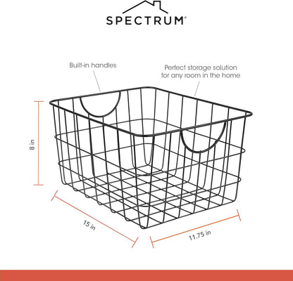 Spectrum Large Wire Basket with Handle Black Metal Utility Storage Bin for Organizing Kitchen Pantry Cabinets Closet and Garage Shelves, Steel Metal Basket Storage Organizer Bin with Handle