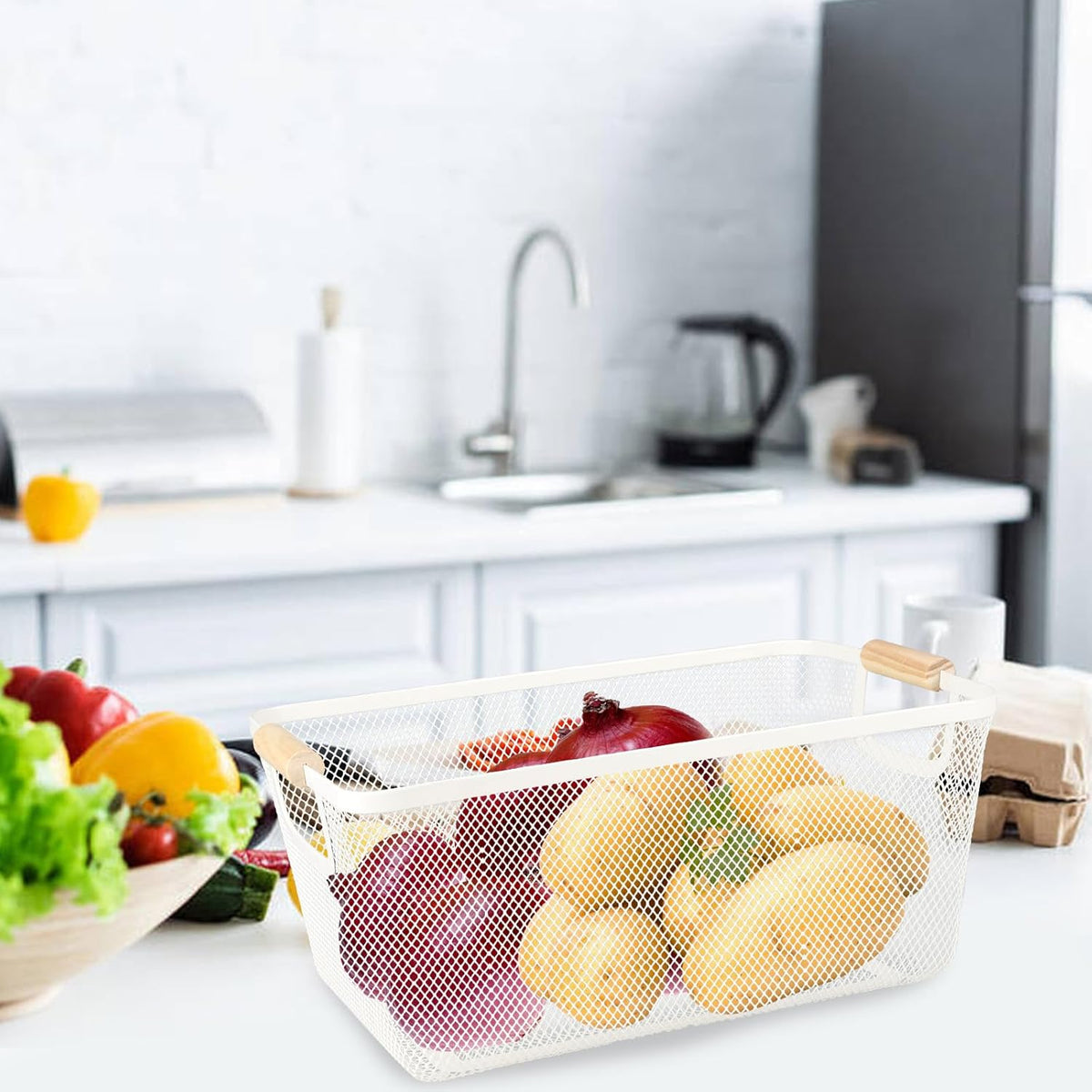 Potato and Onion Storage Bin, 2 Set Potato Bin Storage and Onion Container with Wooden Handle, Pantry Kitchen Organization and Storage, Metal Mesh Baskets for Fruit, Vegetable, Produce-Black