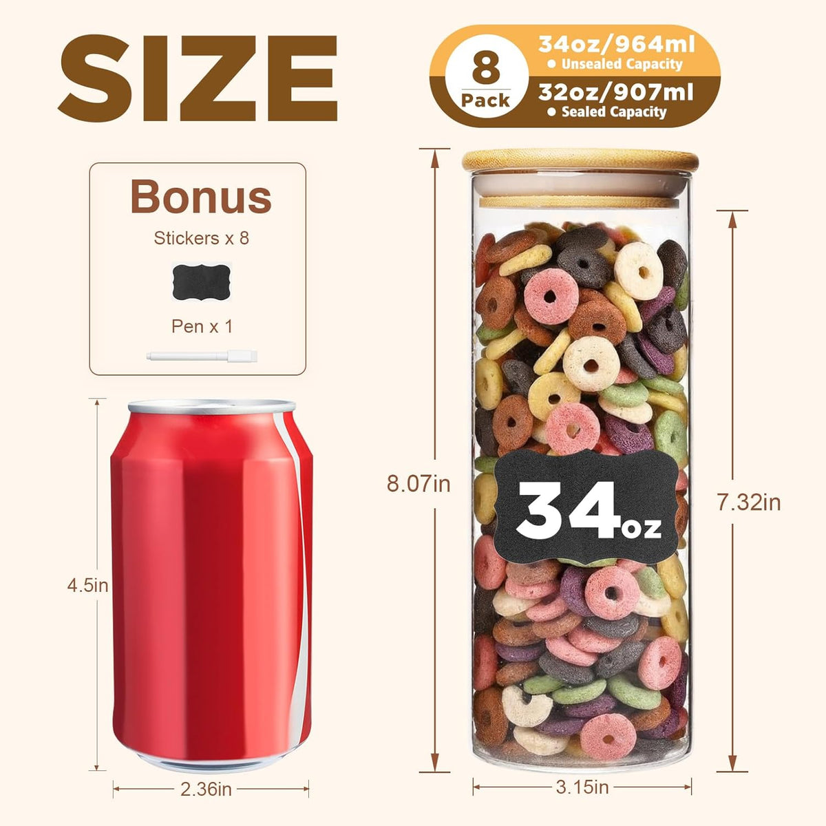 SHOWIN Glass Food Storage Jars Square 37oz, 4 Pack Glass Jars With Bamboo Lids, Kitchen Storage Containers For Spice, Candy, Cookie, Storage For Pantry Organizers