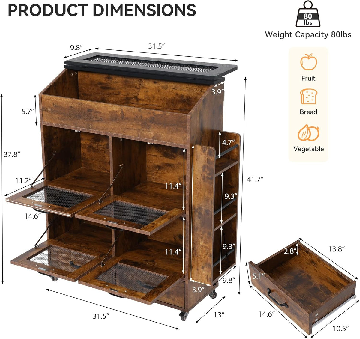Verano Garden Potato and Onion Storage Bin on Wheels, Wood Bread Box with Lid & Mesh Doors, 4-Tier Rolling Fruit and Vegetable Storage Organizer w/Drawer & Side Rack for Kitchen (Rustic Brown, 16.0")