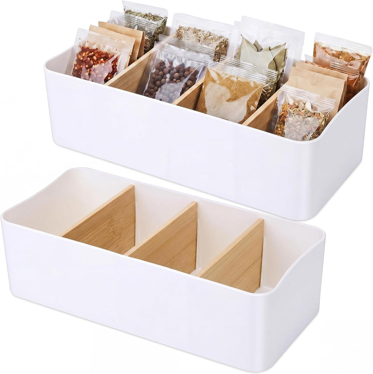 2 Pack Seasoning Packet Organizer Food Storage Organizer & 3 Bamboo Wood Removable Dividers Plastic Bins Caddy for Spice Snacks Pouches Spice Organization for Cabinet Kitchen(White)
