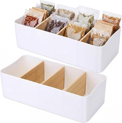2 Pack Seasoning Packet Organizer Food Storage Organizer & 3 Bamboo Wood Removable Dividers Plastic Bins Caddy for Spice Snacks Pouches Spice Organization for Cabinet Kitchen(White)