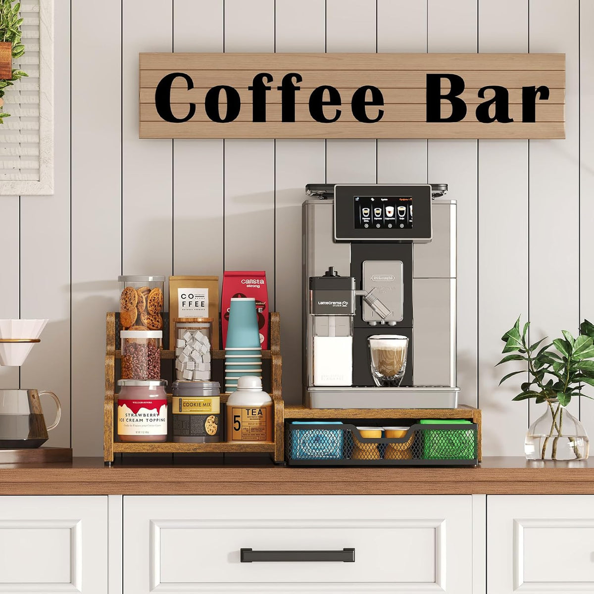 Coffee Station Organizer with K Cup Holder, 28 Pod Capacity,3-Tier Syrup Rack with Coffee Pod Holder Drawer, Coffee Bar organizer Countertop for Accessories,Rustic Brown