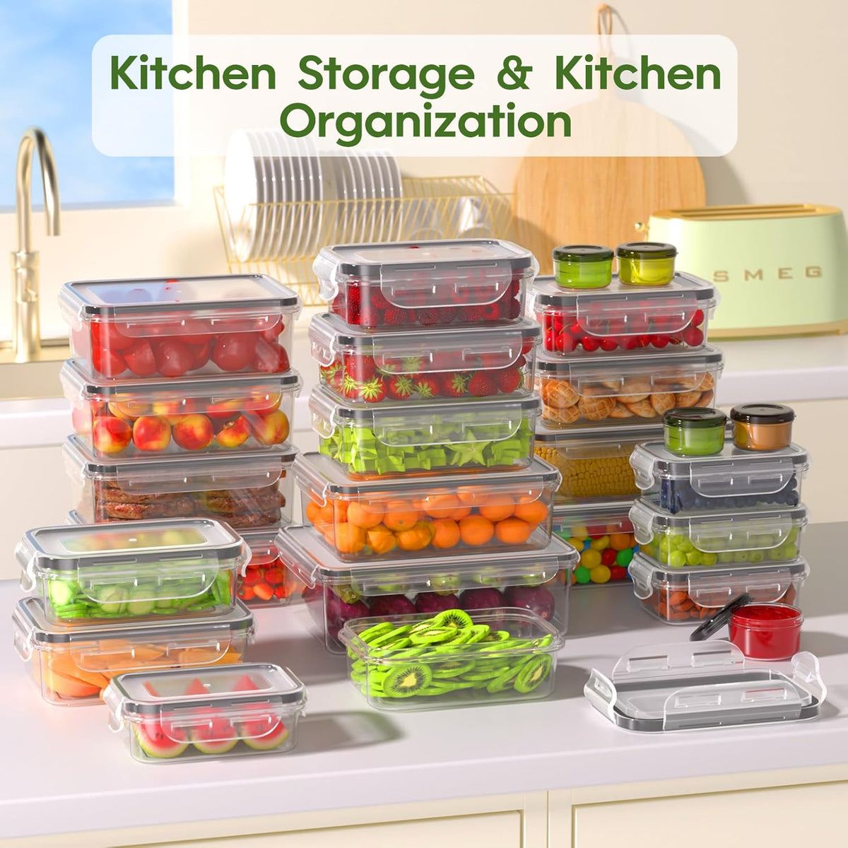 KEMETHY Food Storage Containers with Lids(18 Container & 18 Lid), Plastic Food Containers for Pantry & Kitchen Storage and Organization, BPA-Free, Leak Proof, Reusable with Labels & Pen