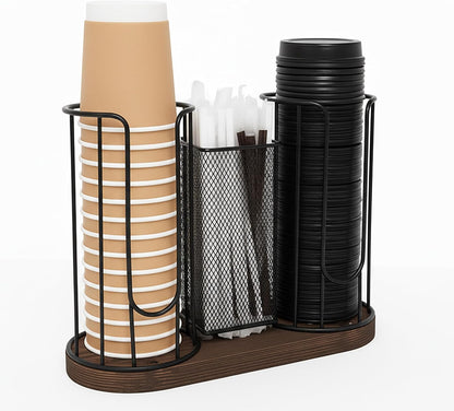 3-Compartment 16oz Coffee Cup & Lid Holder – Countertop Coffee Station Organizer with Wooden Base – Durable Dispenser for Disposable Cups, Lids & Straws