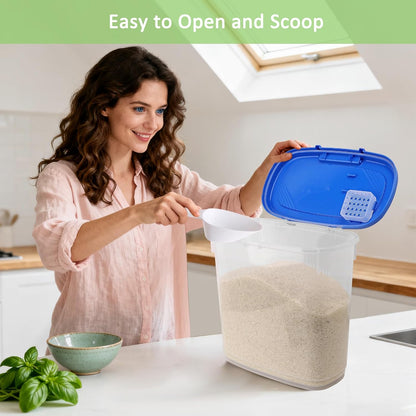 Large Rice Storage Container 15-20 Lbs, Tall Flour Container with Scoop + Cup - Slim Dry Food Storage Bin for Cereal, Sugar, Beans, Pet Dog Cat Food Container - Kitchen and Pantry Storage Organization