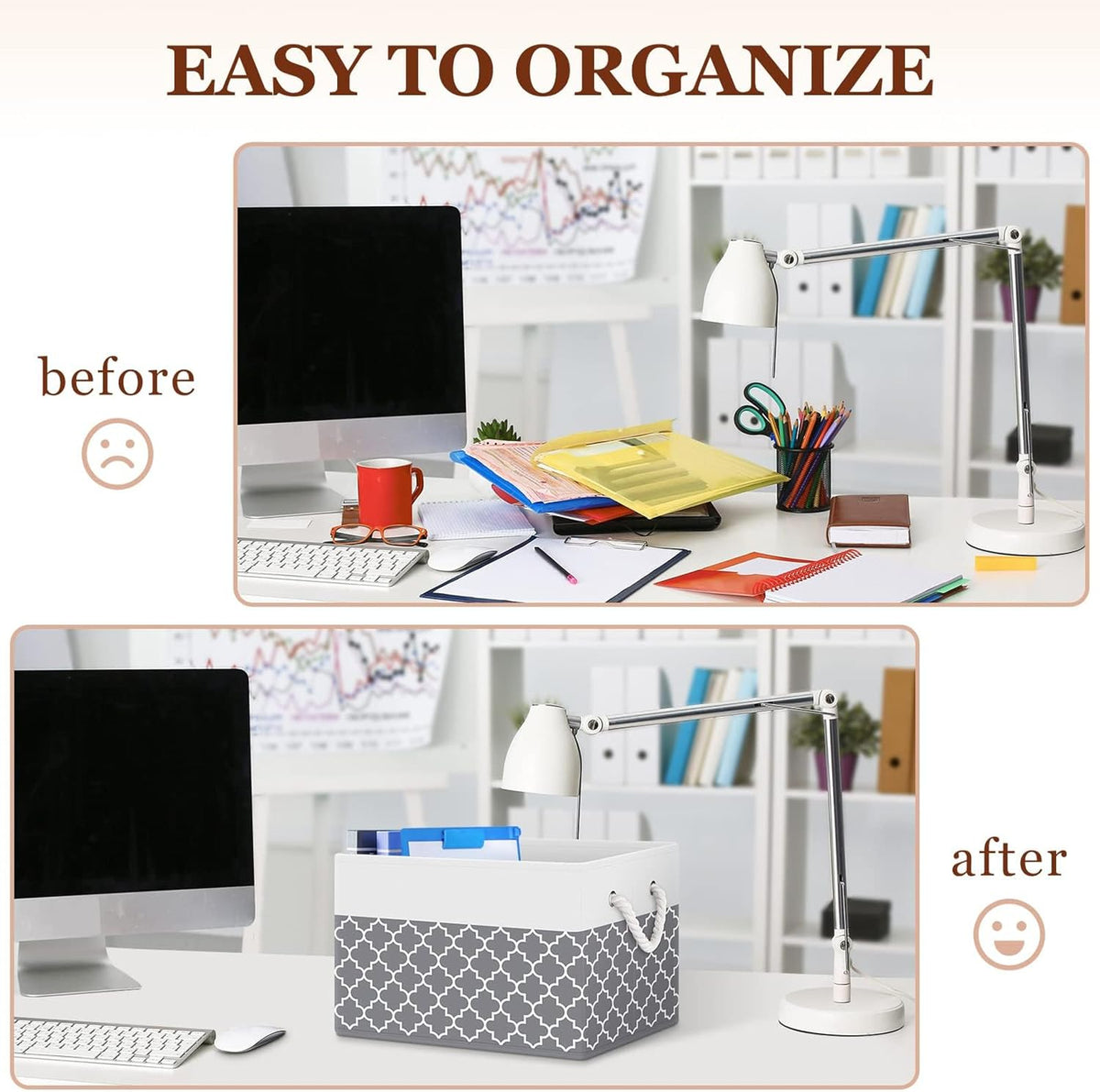 Fab totes Storage Bins, Foldable Storage Baskets for Organizing Toys, Books, Shelves, Closet, Large Storage Box with Rope Handles, Sturdy Organizer Bins, White & Grey