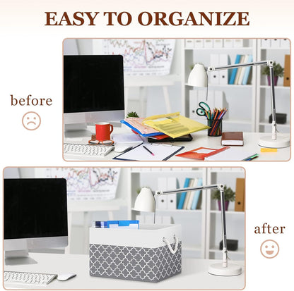 Fab totes Storage Bins, Foldable Storage Baskets for Organizing Toys, Books, Shelves, Closet, Large Storage Box with Rope Handles, Sturdy Organizer Bins, White & Grey