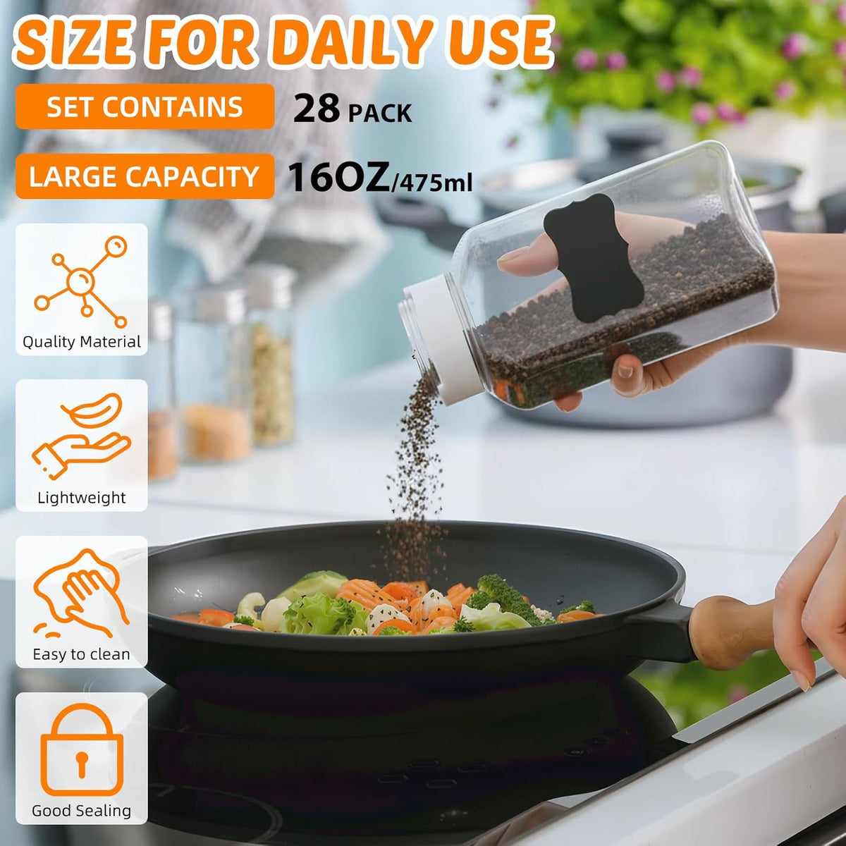 Mifoci 28 Pack 16 oz Plastic Spice Jars with Cap Square Plastic Bottle Containers with Shaker Lids and Stickers Large Seasoning Shaker Empty Powder Storage Container for Storing Salt Herbs (Black)