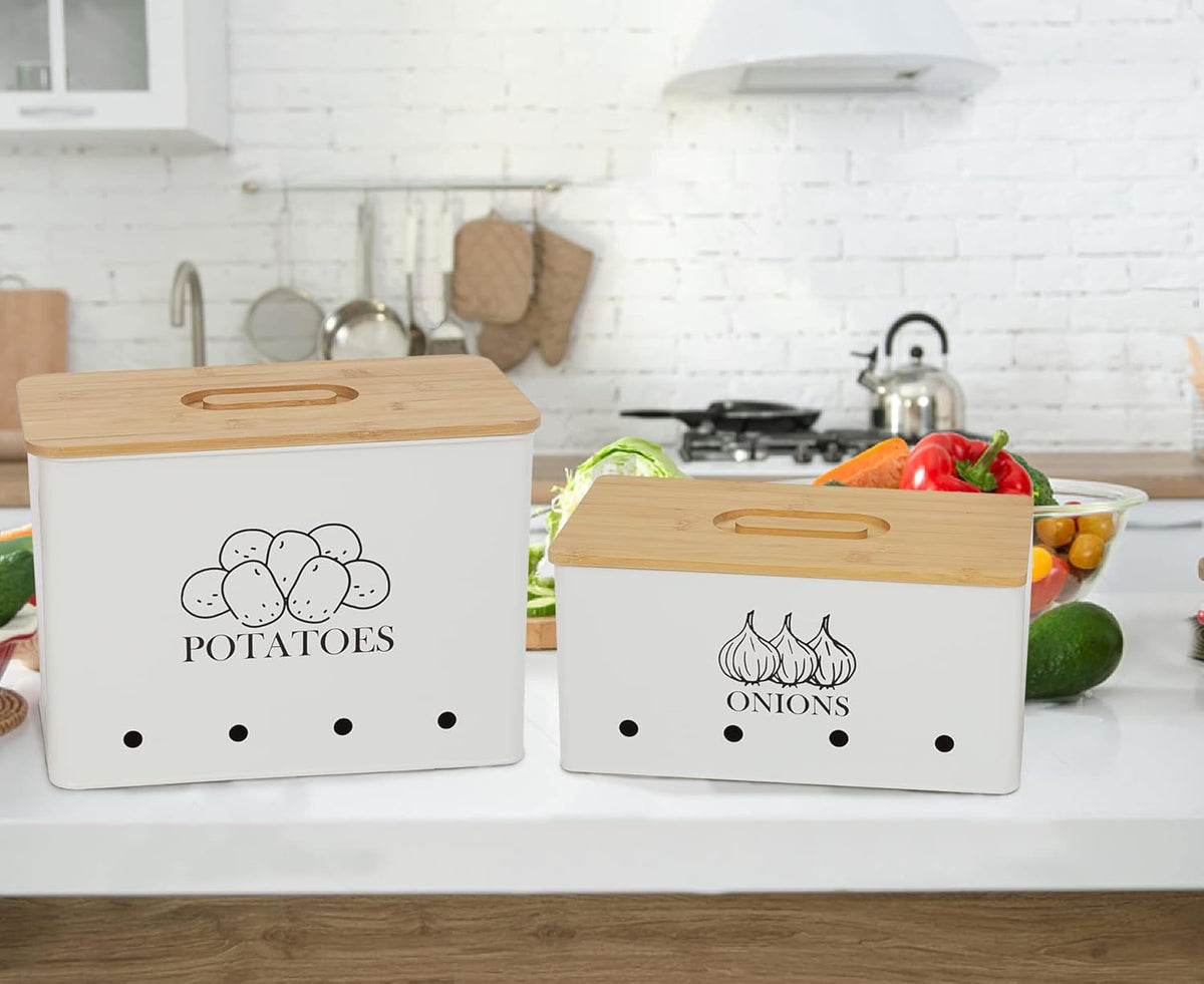Potato and Onion Storage Bin Set of 2, Vented Metal Vegetable Storage with Wooden Lids, Farmhouse Kitchen Canisters for Countertop Pantry Organizer, Potato Bin Onion Holder for Produce Storage, Black