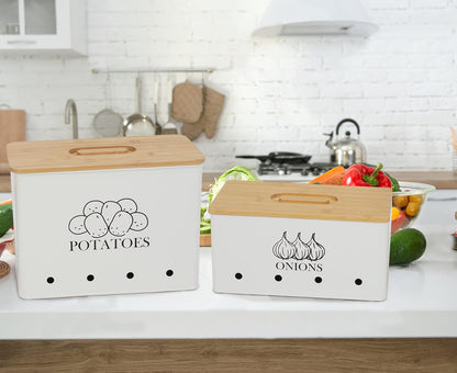 Potato and Onion Storage Bin Set of 2, Vented Metal Vegetable Storage with Wooden Lids, Farmhouse Kitchen Canisters for Countertop Pantry Organizer, Potato Bin Onion Holder for Produce Storage, Black