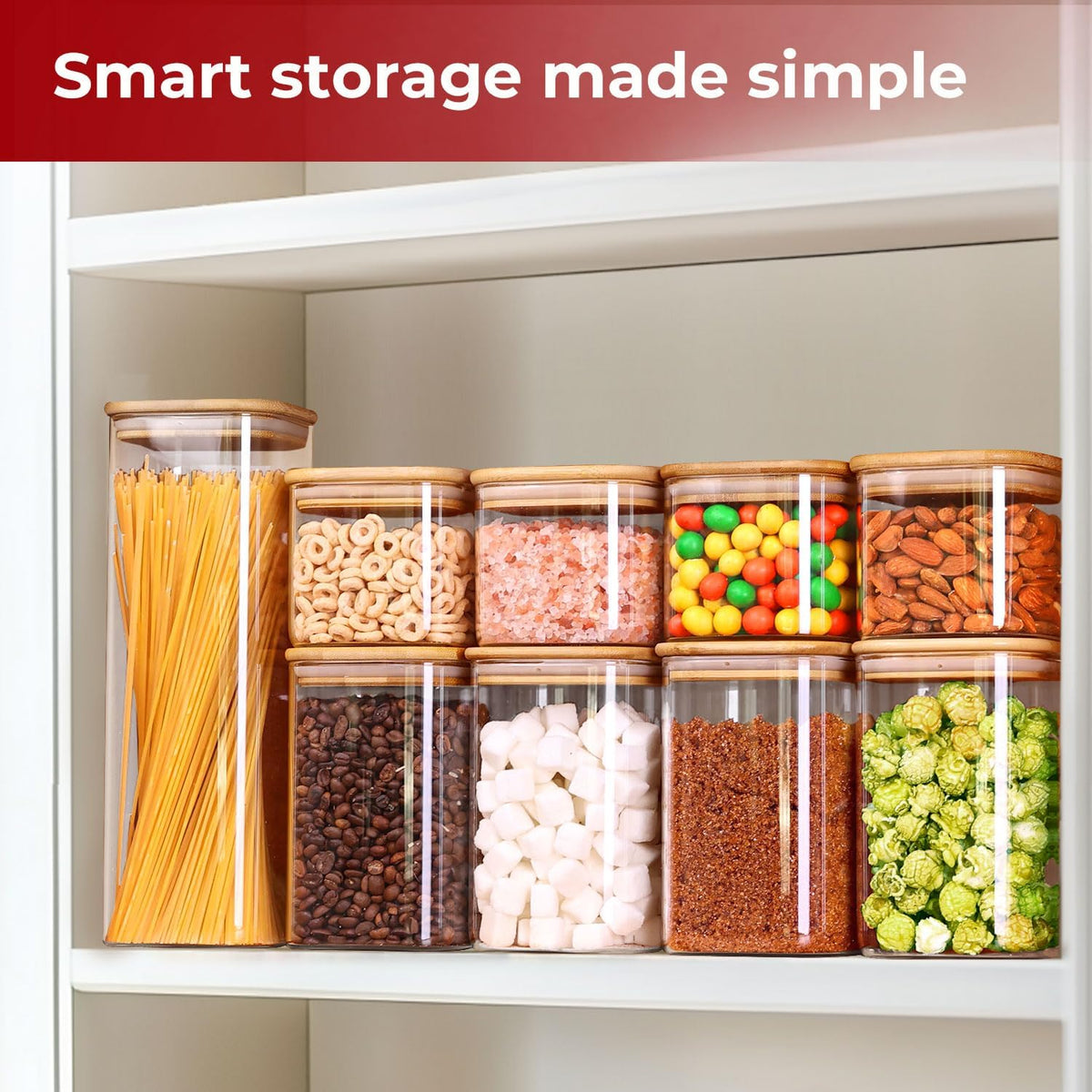 1Qt Airtight Glass Canisters with Bamboo Lid, Square Pantry Storage Containers for Coffee, Cookie, Candy, Snack, Nuts, Dry Goods - Kitchen & Pantry Organizers and Storage Containers