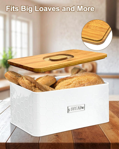 vensovo Bread Box for Countertop – Large White Metal Bread Bin with Bamboo Cutting Board Lid, Farmhouse Bread Storage Container for Homemade Bread, Baked Goods & Kitchen Counter Organization