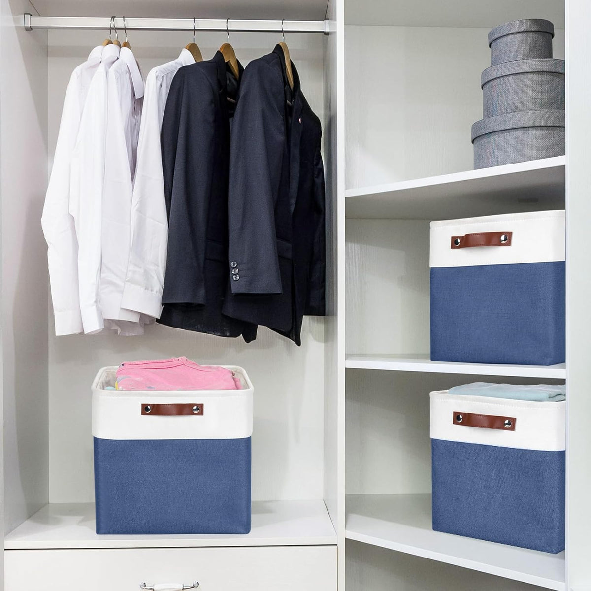 Bagnizer Large Fabric Storage Baskets | 50L Storage Bins, Decorative Linen Closet Baskets with Handles for Organizing, Shelf, Toys, Clothes, Home, Office, Nursery, 17x12x15Inches (Grey&White)