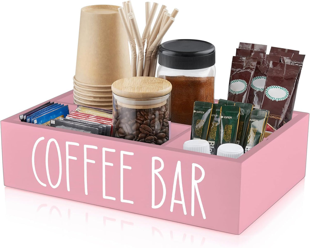 ALELION Coffee Station Organizer - Wood Countertop Accessories Organizer with Removable Dividers for Pods Condiment Syrup Tea Cups Stirrers - for Farmhouse Coffee Bar Decor