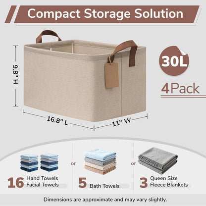 CHICVITA 4 Pack Large Storage Baskets for Shelves, Collapsible Closet Organizer Bins with Metal Frame, Fabric Storage Bins for Clothes Towels Organization, 16.8" x 11" x 9.8", Beige