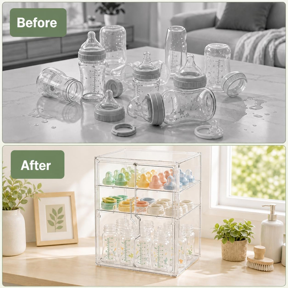 Baby Bottle Storage Organizer, Large 3 Tier Acrylic Bottle Storage Organizer Container for Countertop, Clear Plastic Bottle Station Organizers for Kitchen Cabinet Vanity Bathroom, Gifts for New Mom