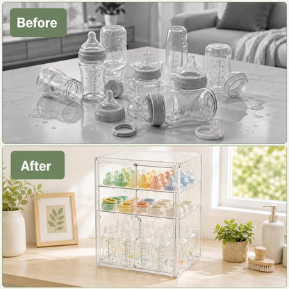 Baby Bottle Storage Organizer, Large 3 Tier Acrylic Bottle Storage Organizer Container for Countertop, Clear Plastic Bottle Station Organizers for Kitchen Cabinet Vanity Bathroom, Gifts for New Mom