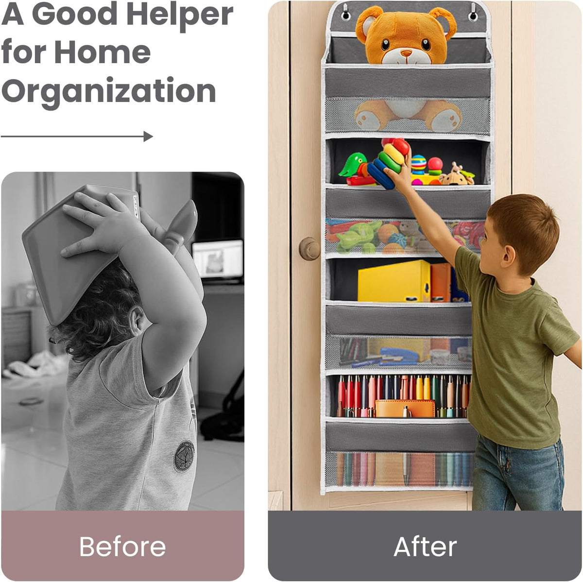 Over The Door Organizer with LifetimeWarranty, 4 Shelves & 4 Side Pockets, Large Storage Rack Holds 44lb, Heavy-Duty Reinforced Mesh Shelf for Bathroom, Closet, Toy Organization, Shoes, Towels, Grey