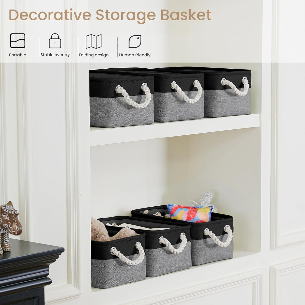 Large Storage Baskets- 15.7x11.8x8.26 inch Storage Bins for Shelves and Closet Organizing, Foldable Fabric Bin for Home Organization Clothes and Laundry (3-Pack, White&Khaki)