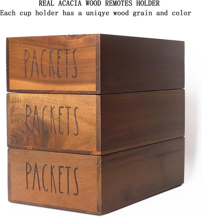 LBEMEY Packet Organizer, Acacia Wood Packet Storage Organizer with 3 Compartments,Farmhouse Kitchen Organization for Spice, Gravy, Taco, and Dressings Packets for Kitchen, Brown Labeled Packets