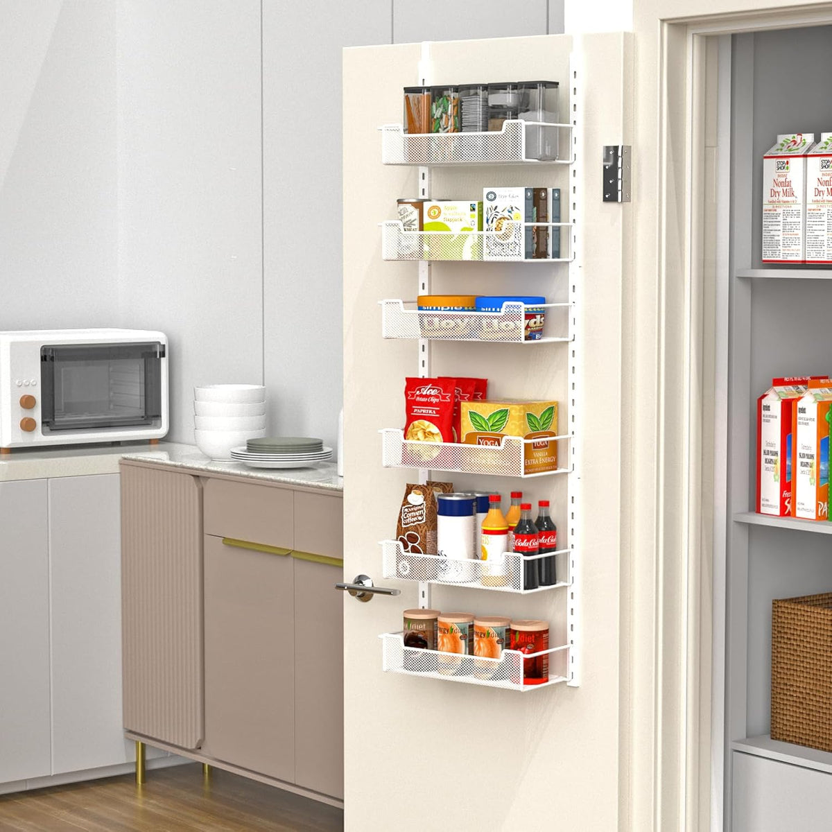 VyGrow 12.3" W Narrow Over the Door Pantry Organizer, 6-Tier Over the Door Organizer with Adjustable Basket, Pantry Door Organization for Pantry Kitchen Storage Room Spice Rack, White