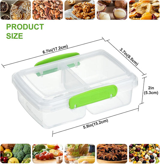 4 Pack Plastic Snack Containers with Lids, 2 Compartment Food Container for Kids Snack Box, Travel Bento Lunch Containers with forks for Fruits/Candies, Divided Food Storage Containers for School