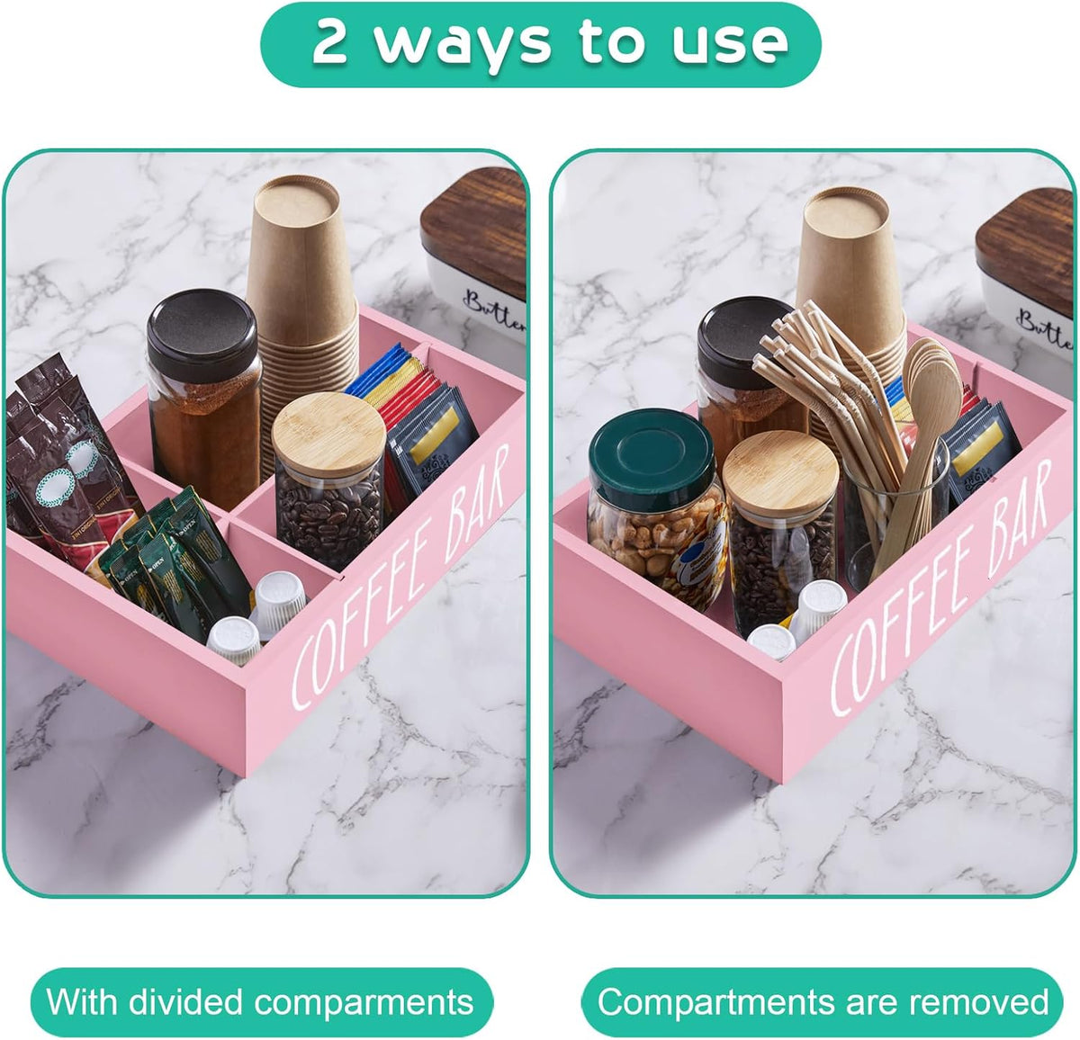 ALELION Coffee Station Organizer - Wood Countertop Accessories Organizer with Removable Dividers for Pods Condiment Syrup Tea Cups Stirrers - for Farmhouse Coffee Bar Decor